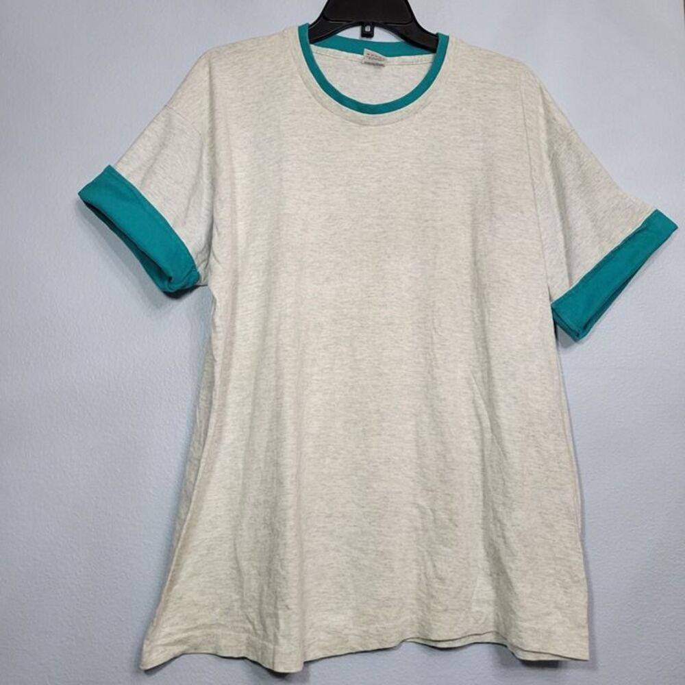 Vtg 90's Fruit of the Loom Blank Ringer T-Shirt XL Heather Gray Teal Fold Over